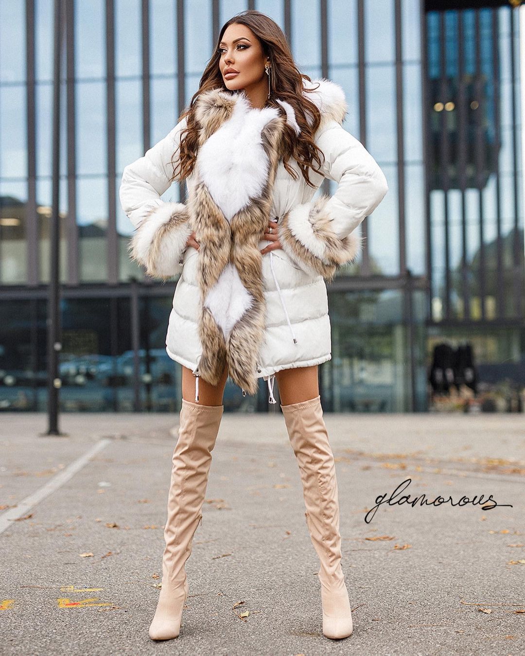 FOX FUR TRIM LONG DOWN JACKET IN WHITE