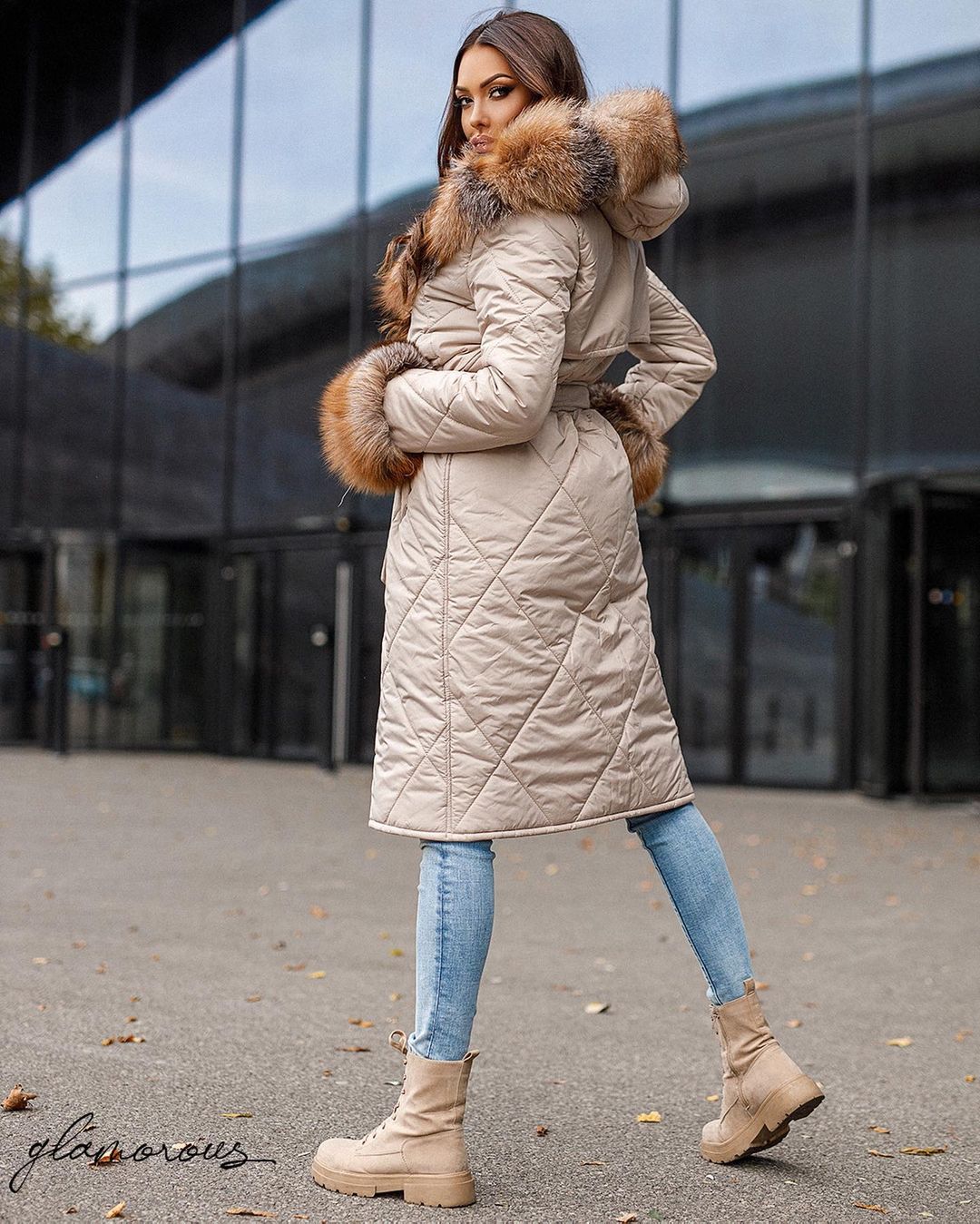 FOX FUR TRIM PUFFER JACKET IN BEIGE