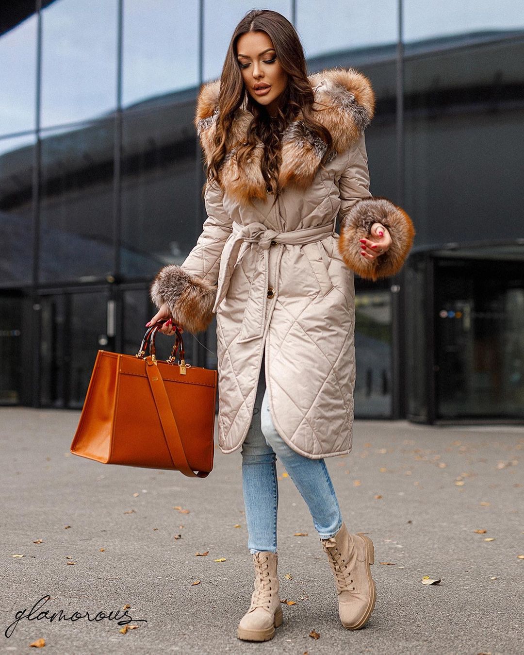 FOX FUR TRIM PUFFER JACKET IN BEIGE