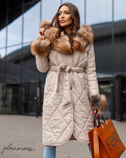 FOX FUR TRIM PUFFER JACKET IN BEIGE