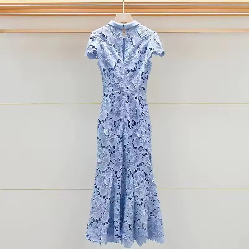Blue Lace Floral Maxi Dress
