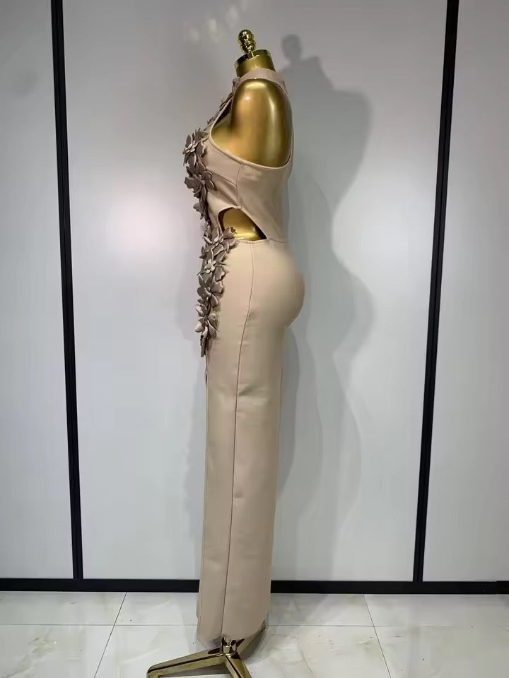 Floral Appliqué Halter Bandage Midi Dress