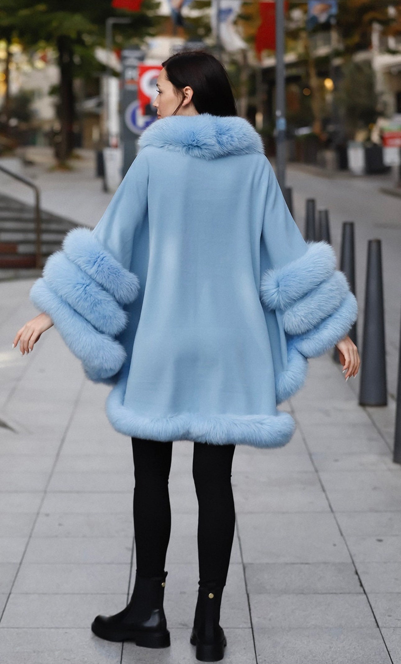 FOX FUR CASHMERE PONCHO IN SKY BLUE