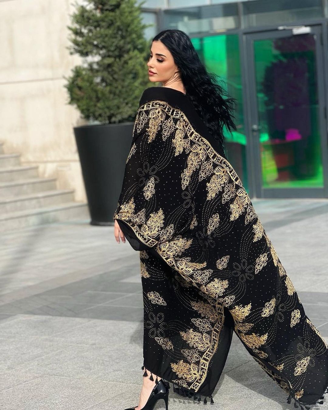 Embroidered Wool Abaya in Black/Gold