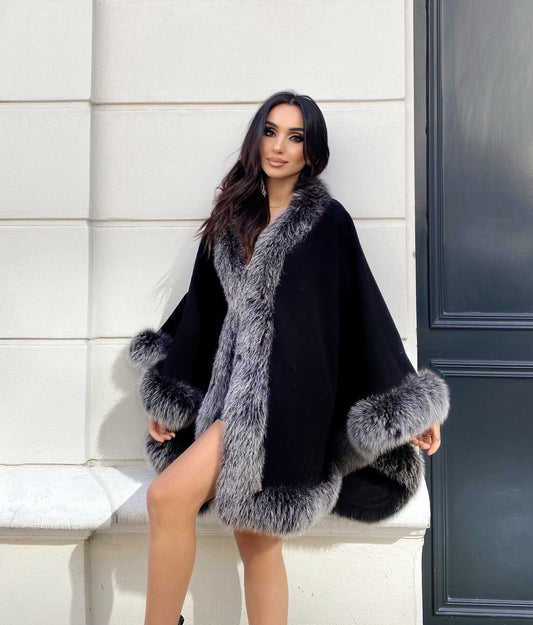 SILVER FOX FUR CASHMERE PONCHO IN BLACK