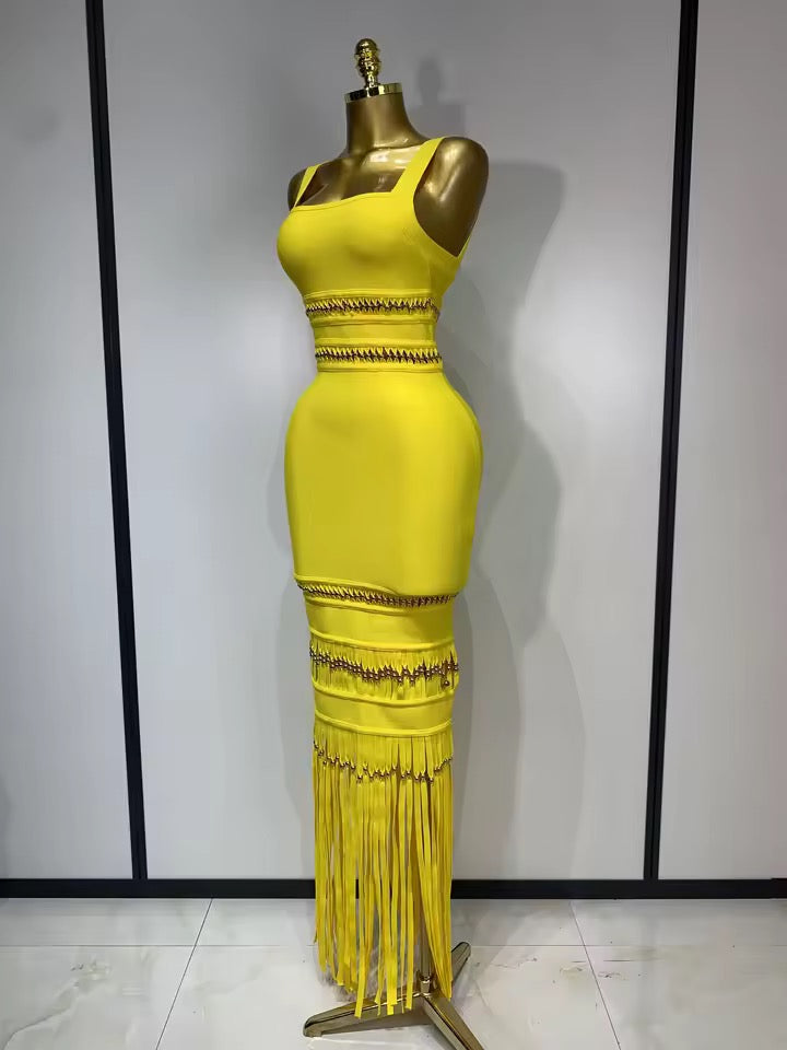 Yellow Fringe Bandage Maxi Dress