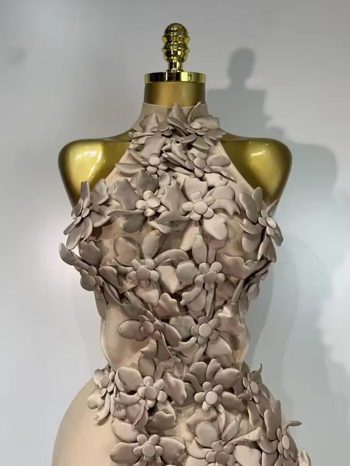 Floral Appliqué Halter Bandage Midi Dress