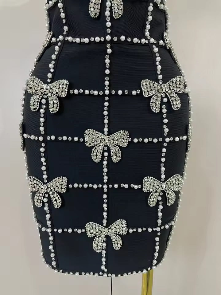 Black Pearl & Crystal Bow Mini Dress