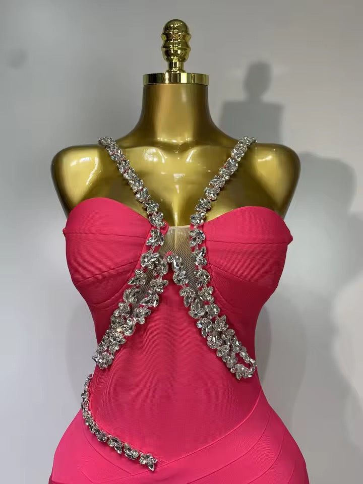 Crystal-Embellished Bandage Midi Dress
