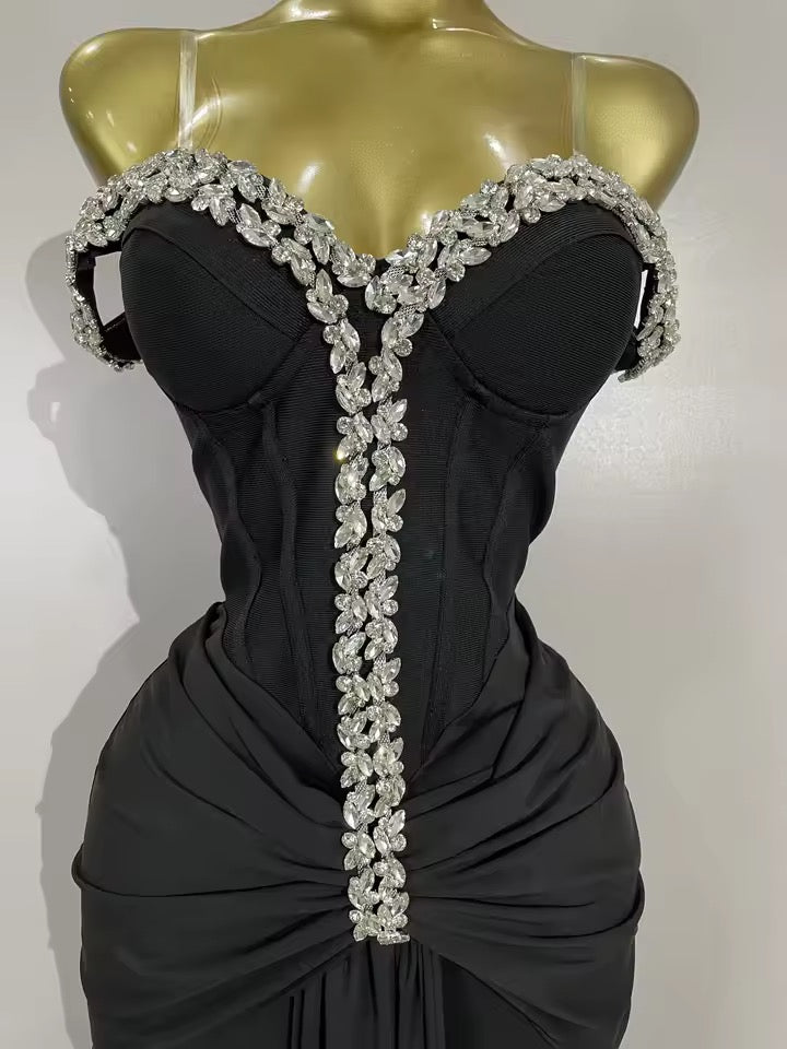 Crystal Embellished Off-Shoulder Maxi Dress – Black