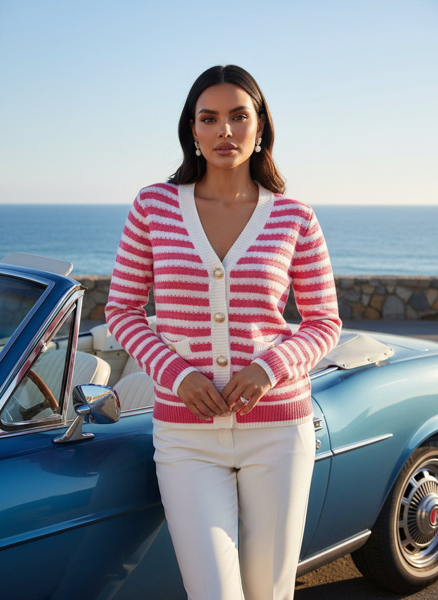 Colorblock Striped Single-Breasted Knit Cardigan