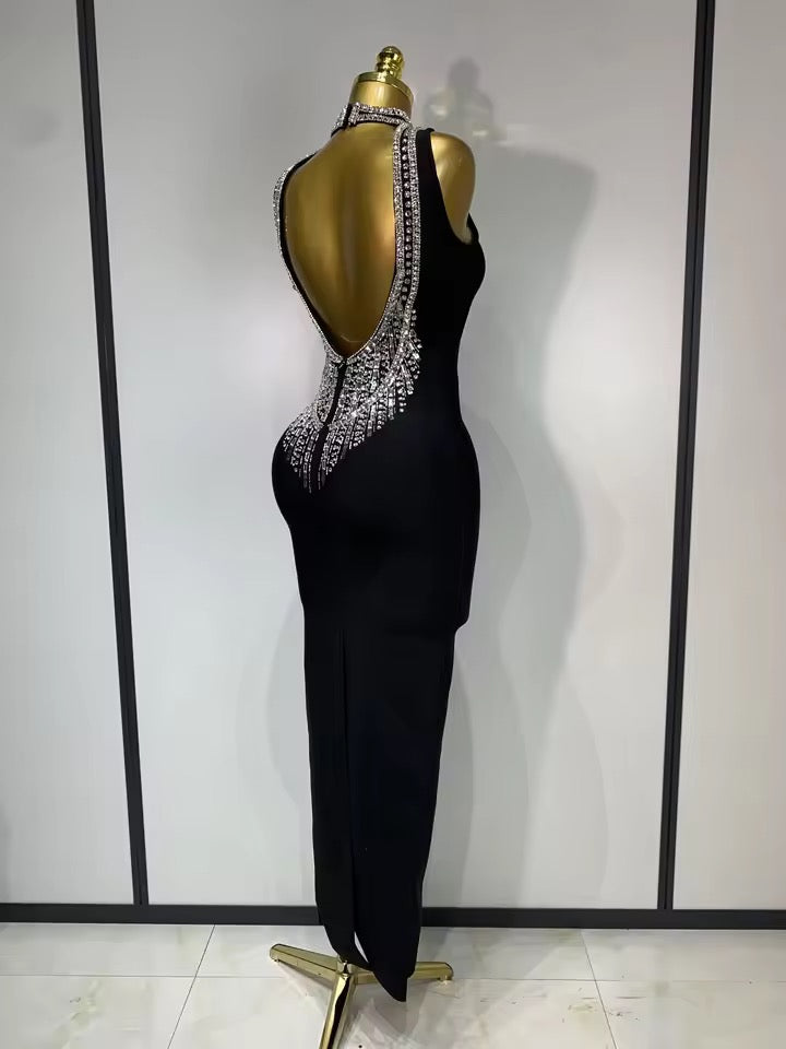 Embellished Open-Back Bandage Midi Dress