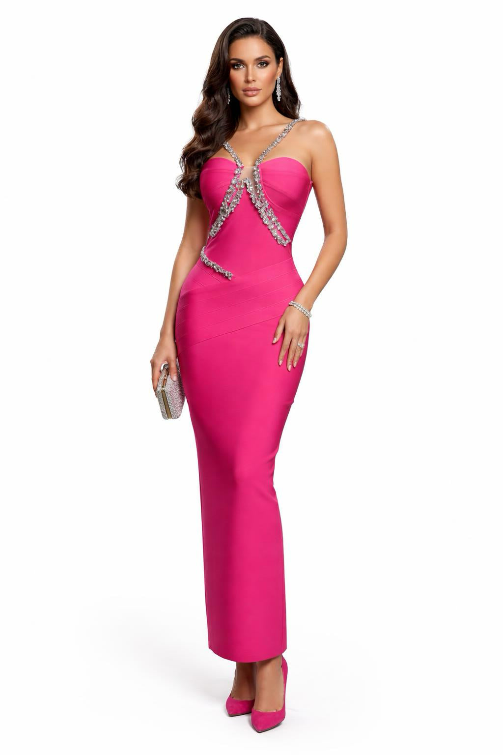 Crystal-Embellished Bandage Midi Dress