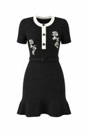 Stitched Knit Waist-Cinched Round Neck A-Line Dress