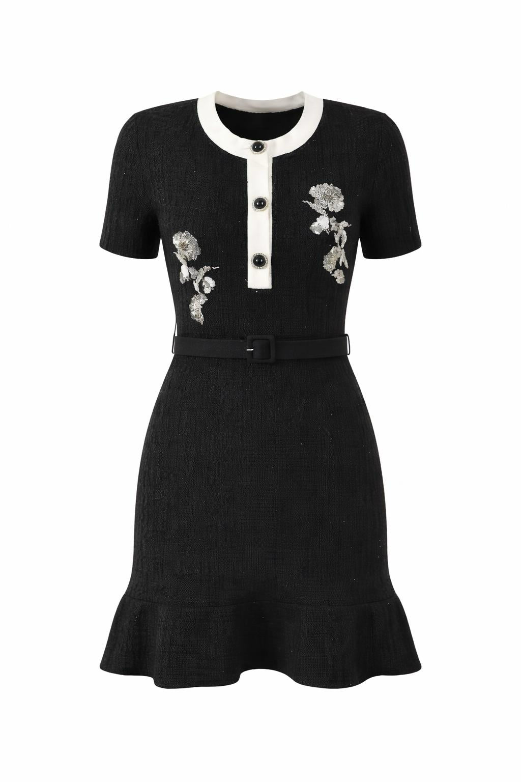 Stitched Knit Waist-Cinched Round Neck A-Line Dress