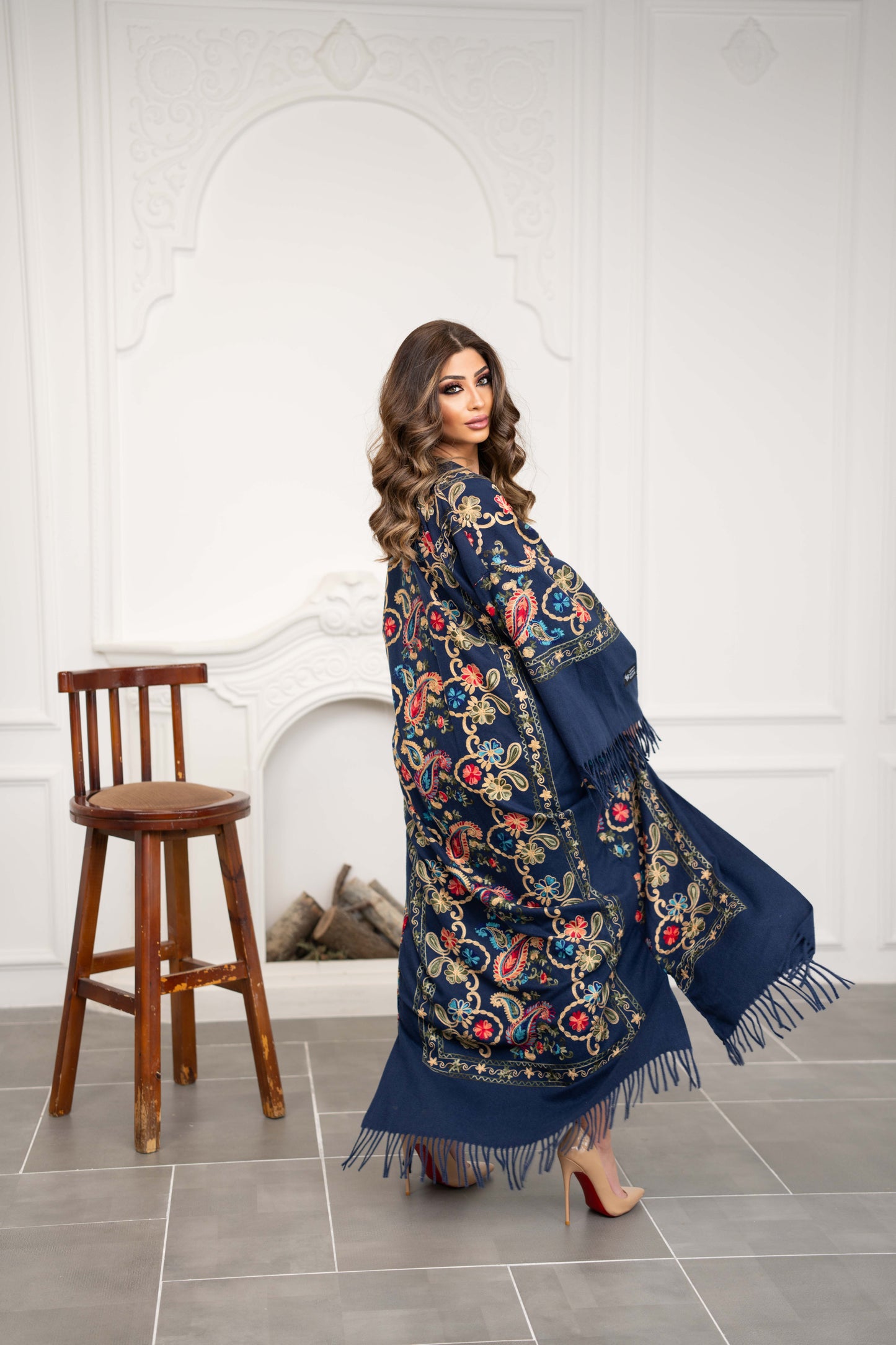 Embroidered Wool Abaya in Navy color