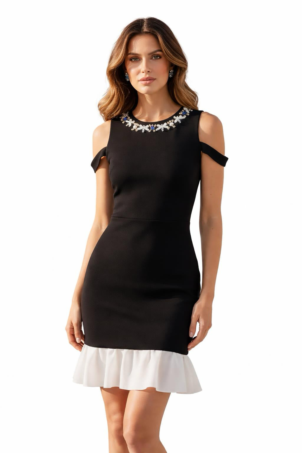 Ruffled Hem Beaded Knit Mini Dress