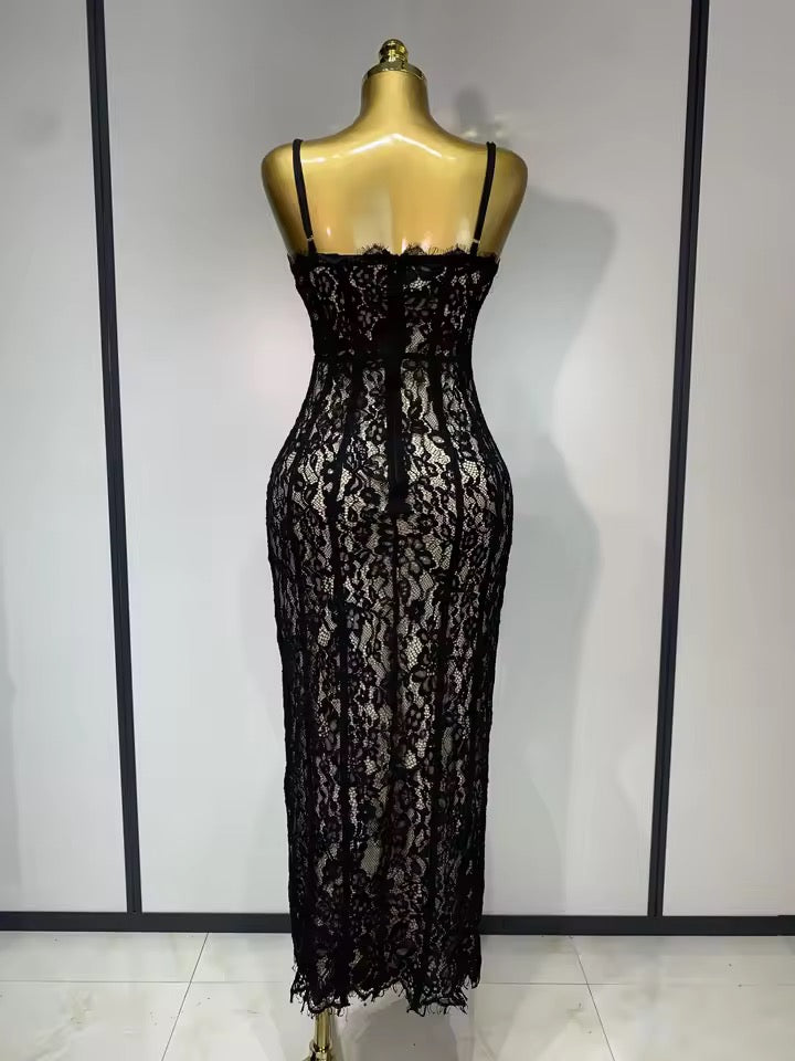 Midnight Lace Bandage Midi Dress