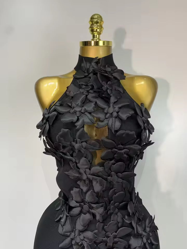 Floral Appliqué Halter Bandage Midi Dress