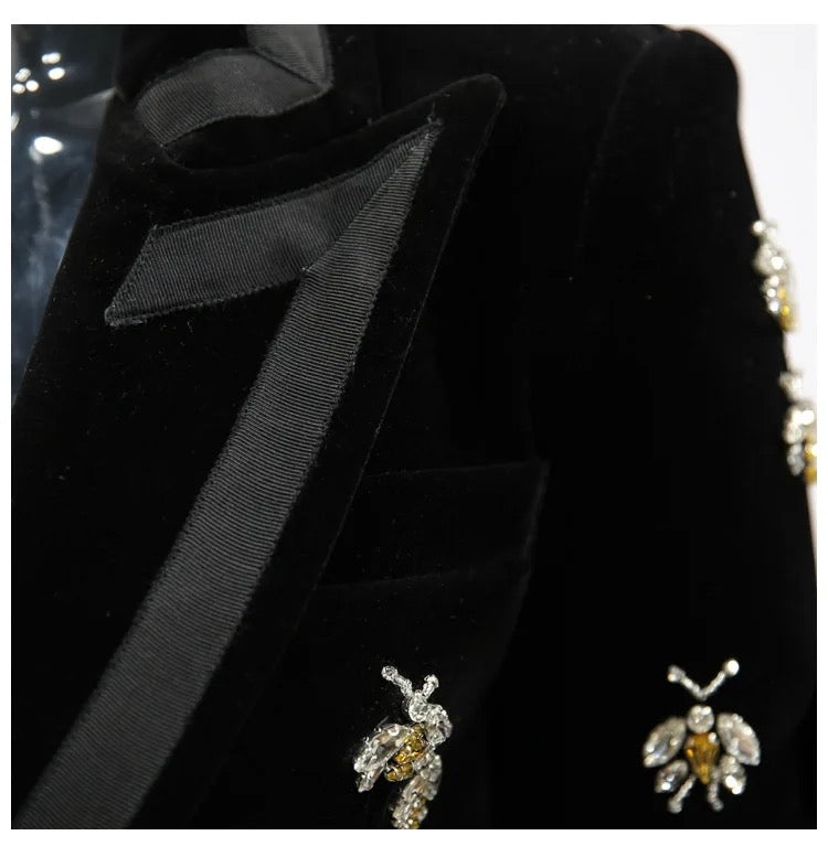 CRYSTAL EMBELLISHED BLACK VELVET BLAZER