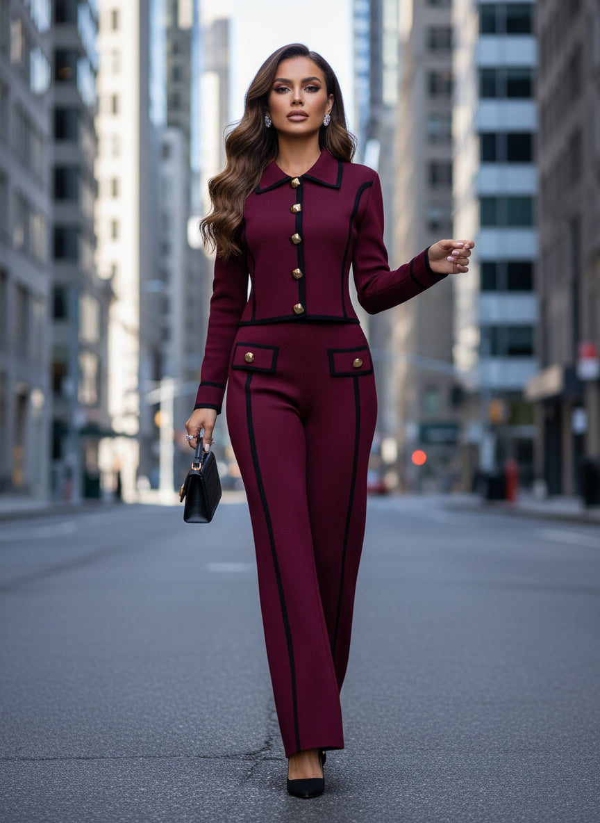 Colorblock Knit Turn-Down Collar Vest and Pants Set