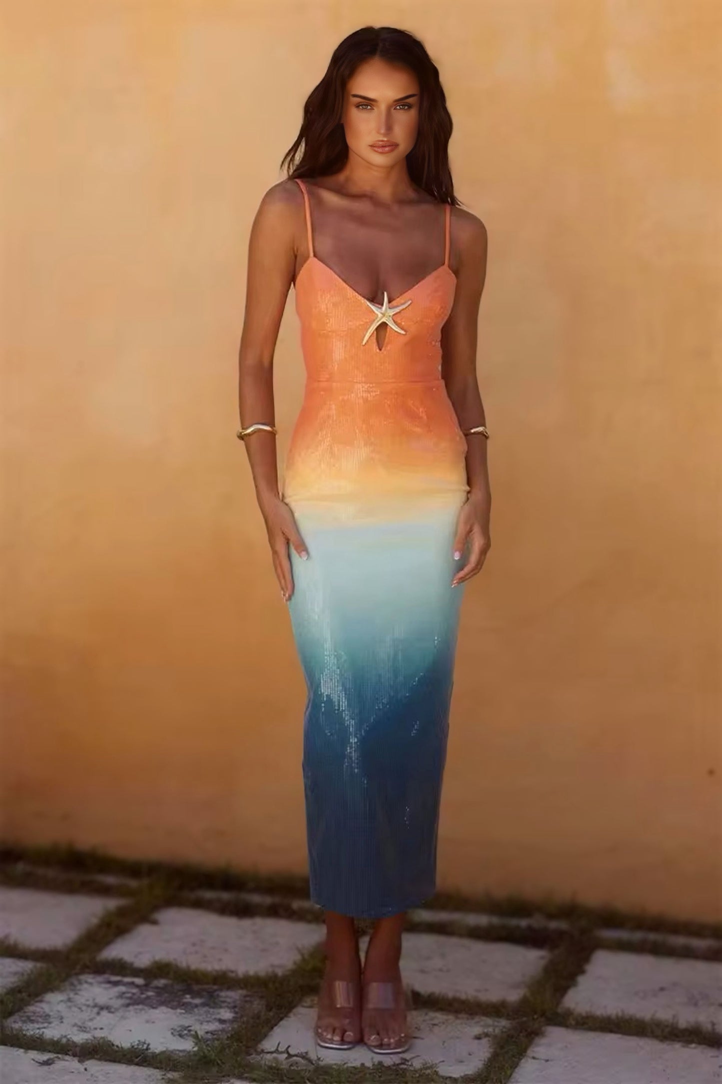 V Neck Rainbow Sequin Midi Dress