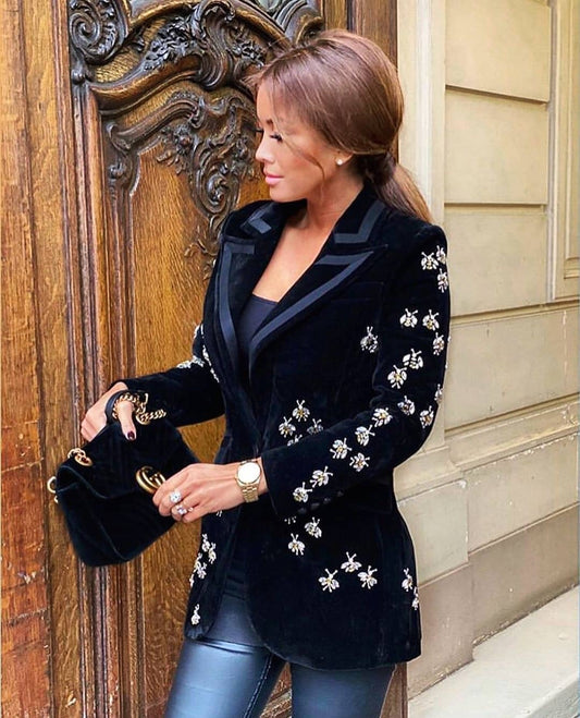 CRYSTAL EMBELLISHED BLACK VELVET BLAZER