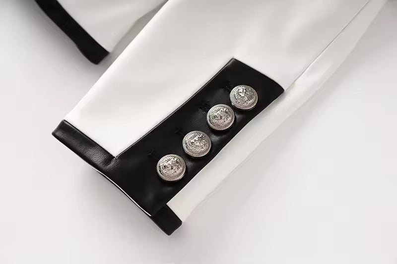 White Tailored Leather-Trim Blazer Jacket for Women