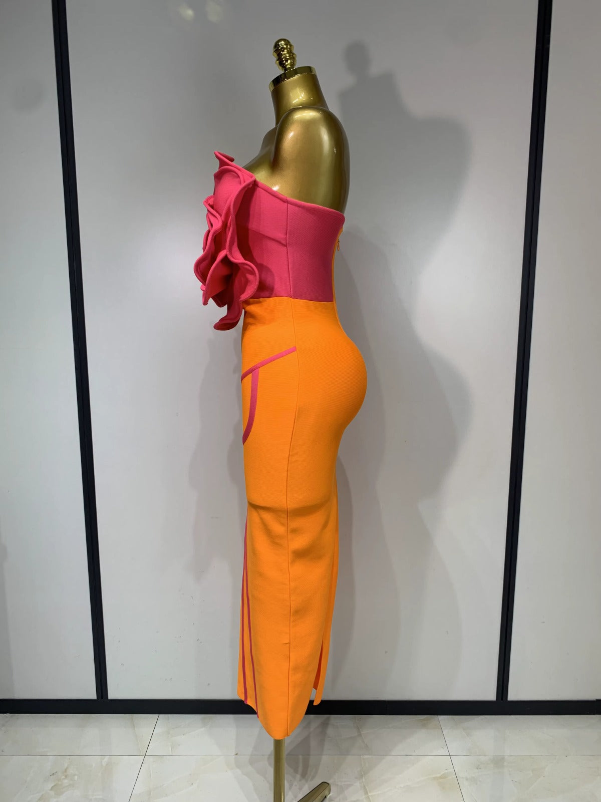 Orange & Pink 3D Rose Bandage Midi Dress