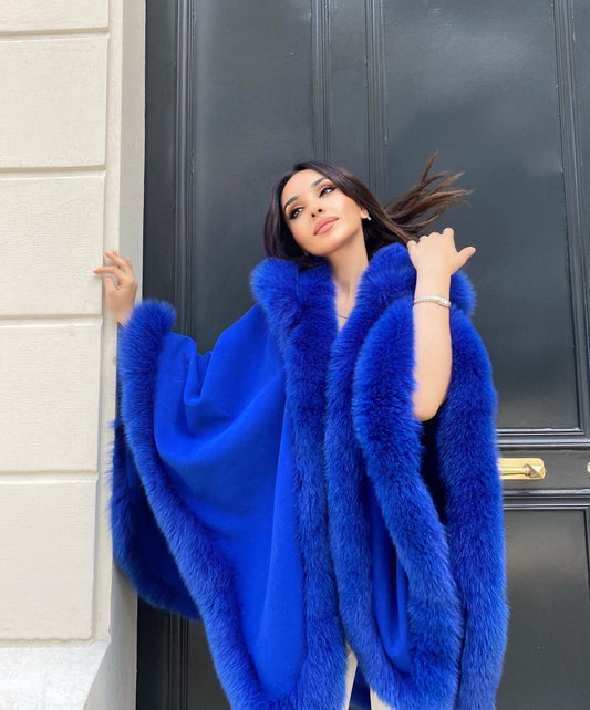 FOX FUR CASHMERE PONCHO IN ROYAL BLUE