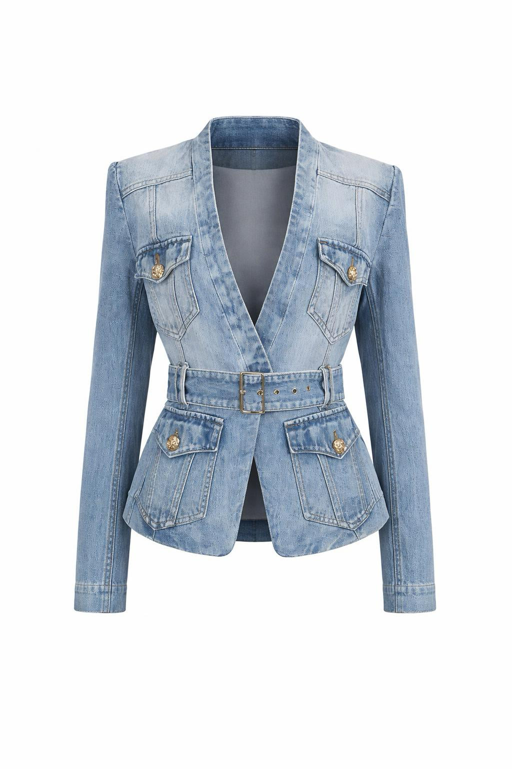 Slim Fit Belted Patchwork Denim V-Neck Coat with Pockets