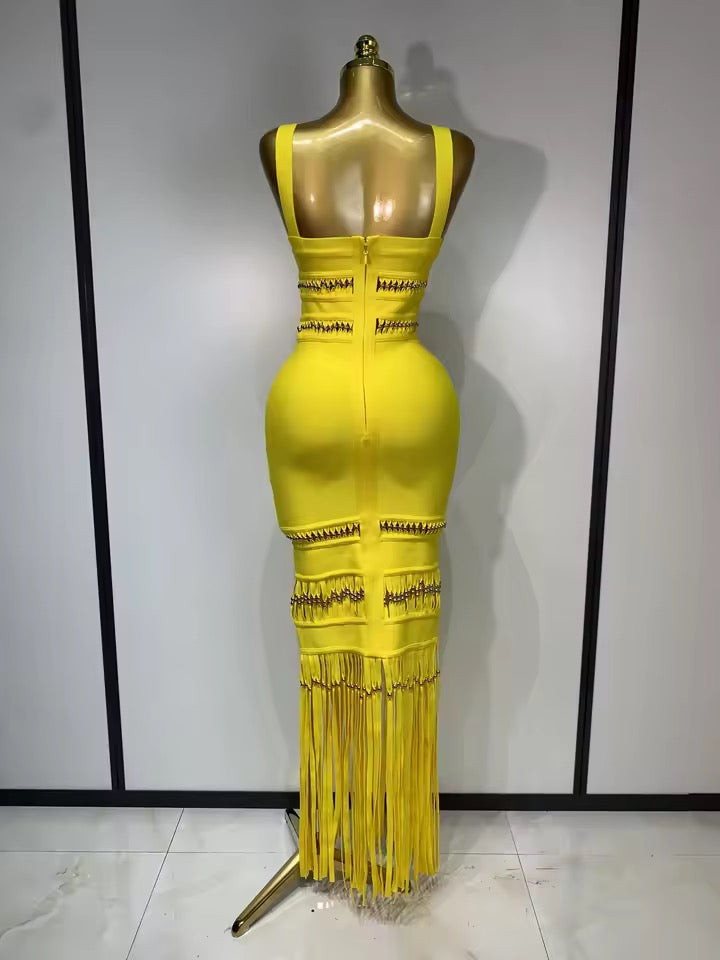 Yellow Fringe Bandage Maxi Dress