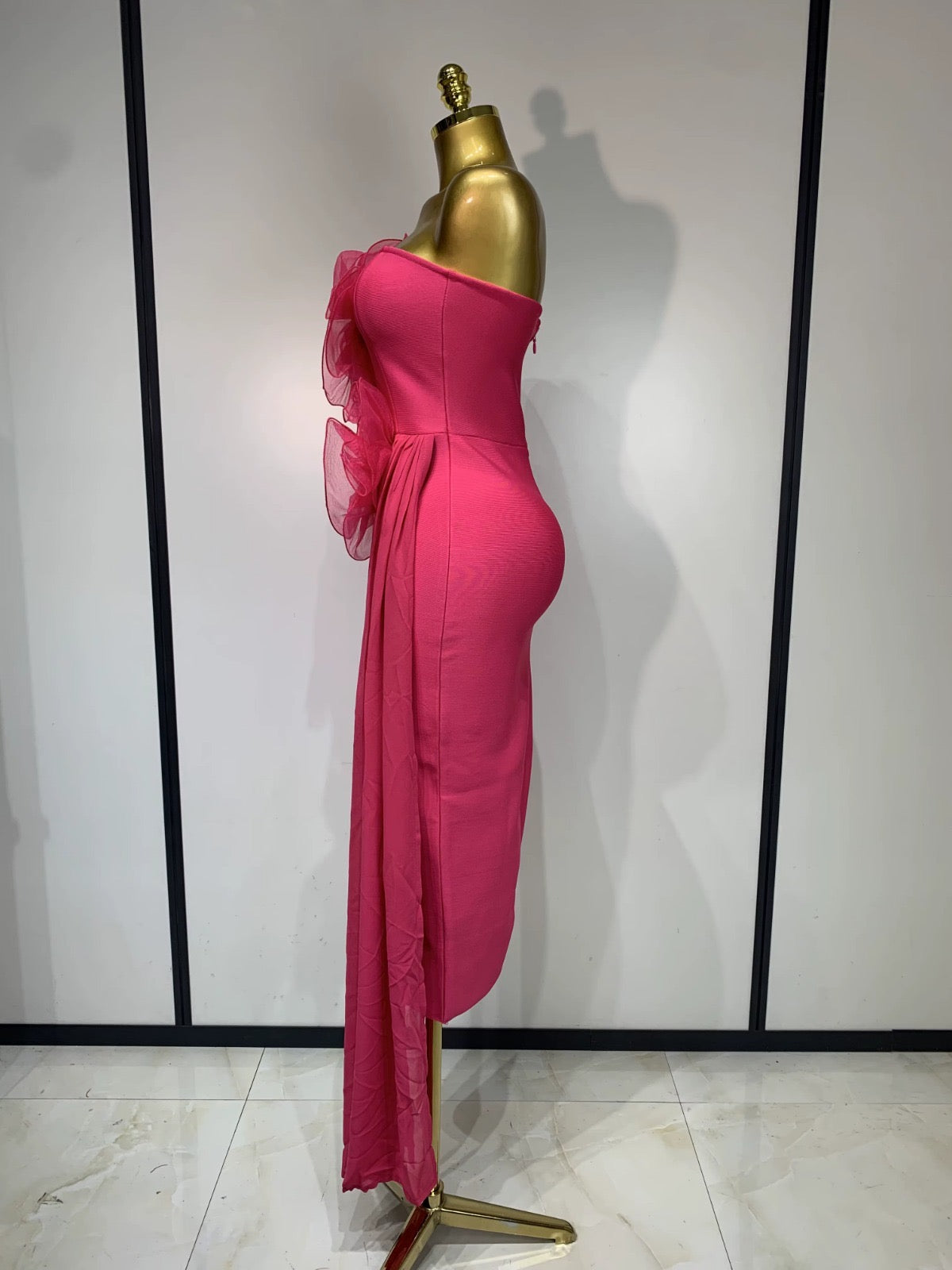 Hot Pink Bandage Midi Dress with Chiffon Floral Details