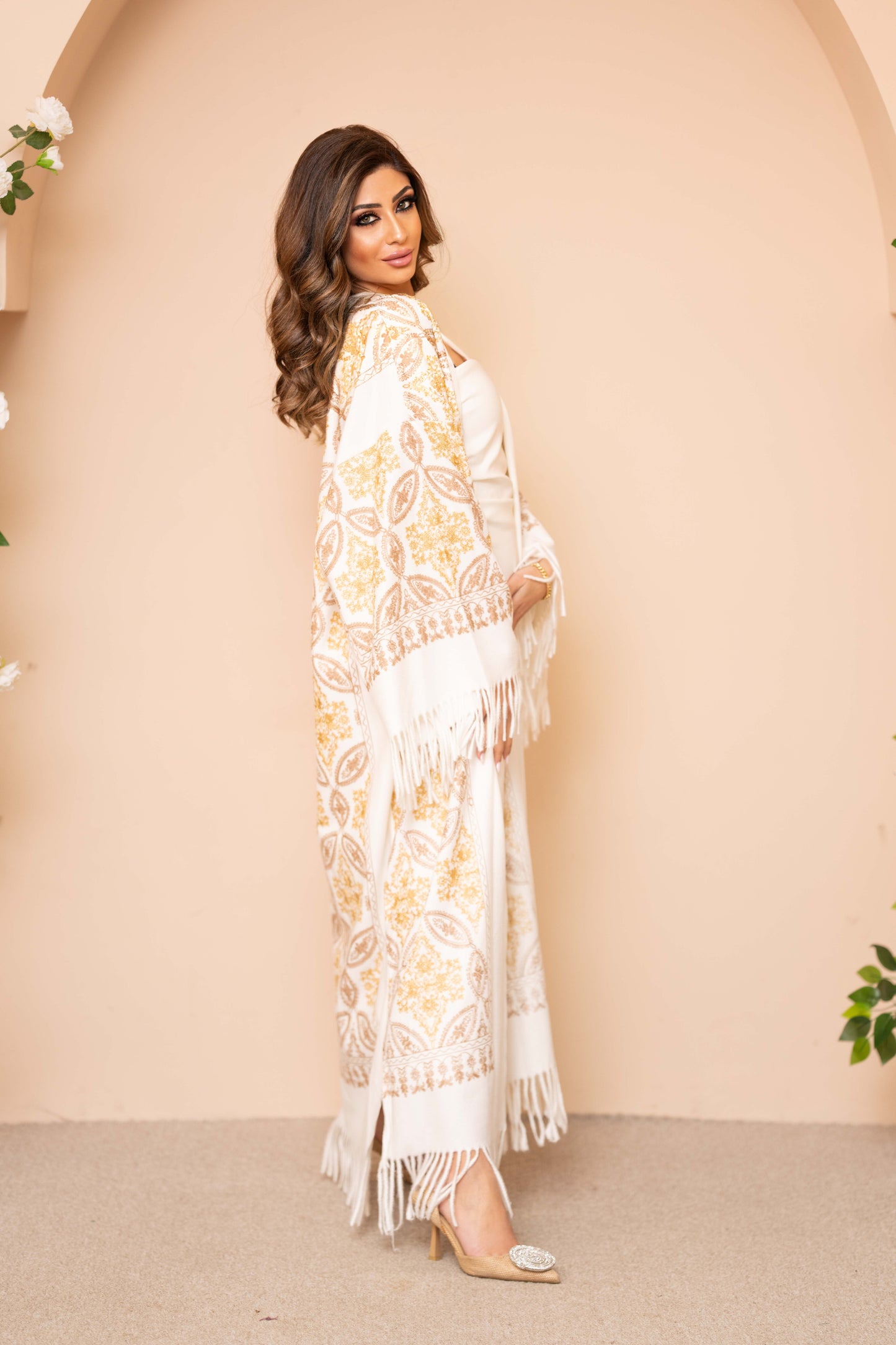 Embroidered Wool Abaya in White