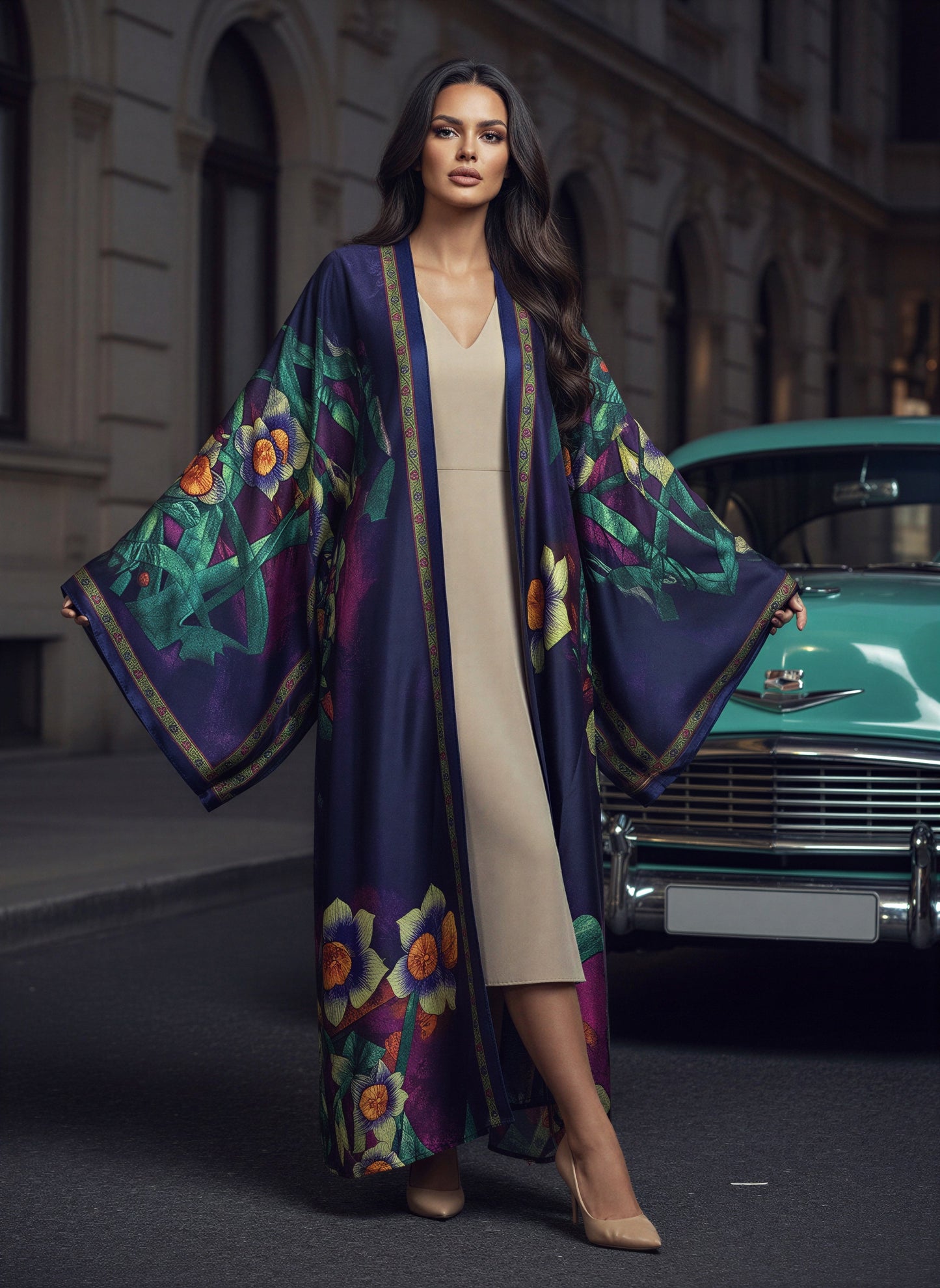 Rana Geometric Silk Kaftan Abaya