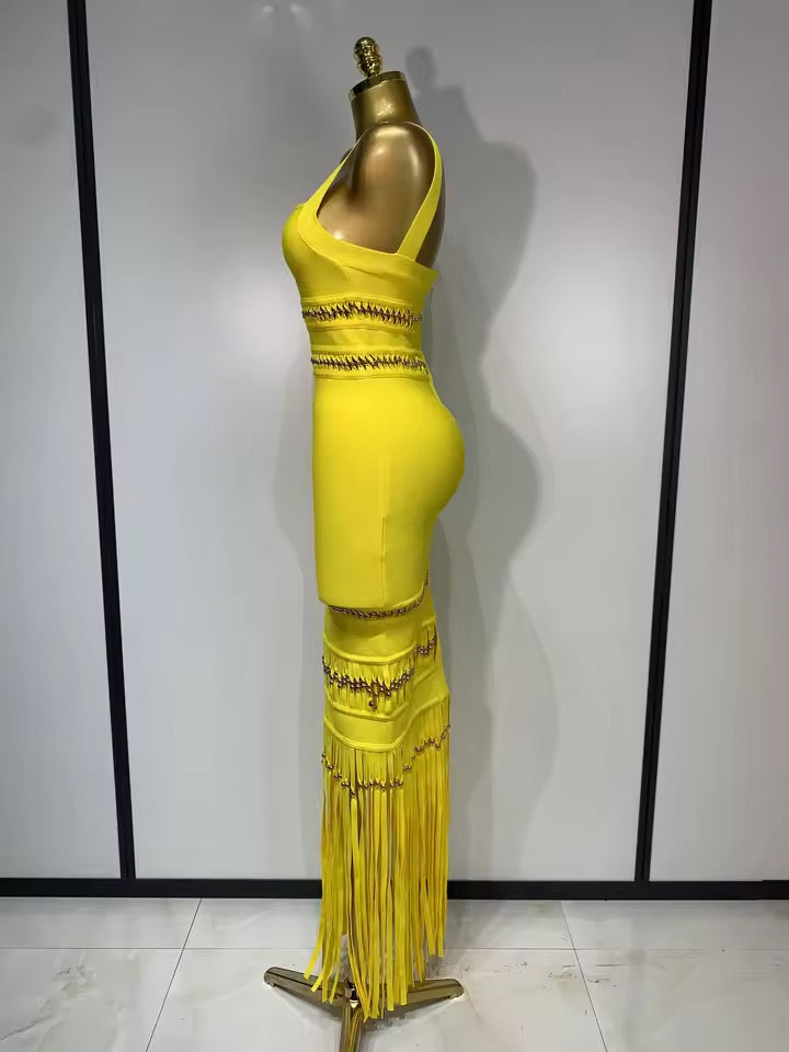 Yellow Fringe Bandage Maxi Dress