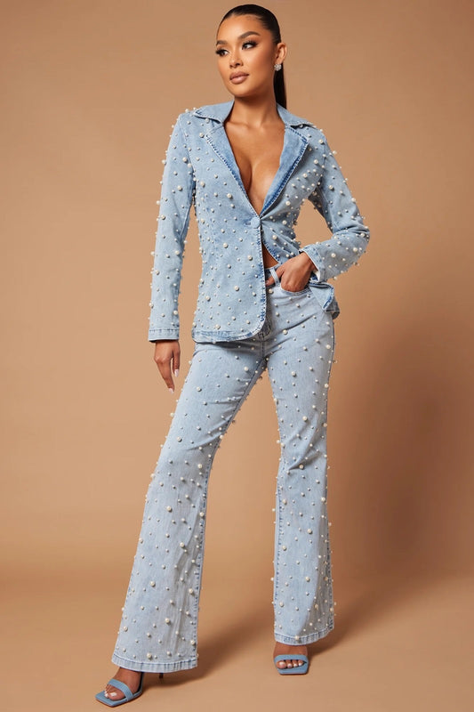 Pearls Two Pieces Denim Suit in Blue