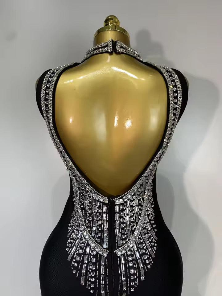 Embellished Open-Back Bandage Midi Dress