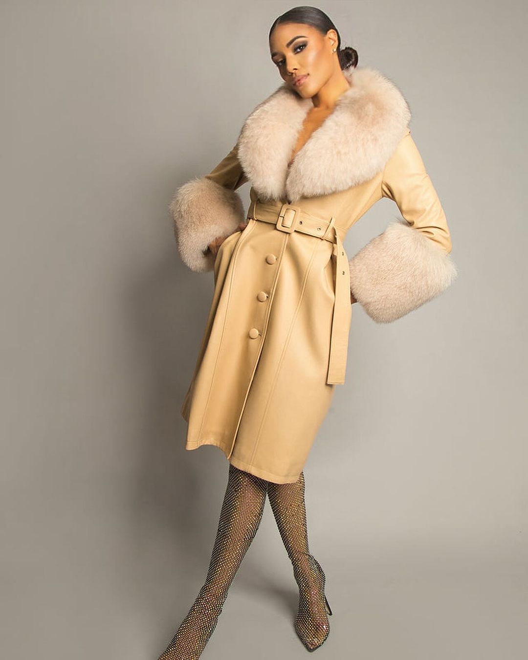 FOX FUR GENUINE LEATHER COAT IN BEIGE