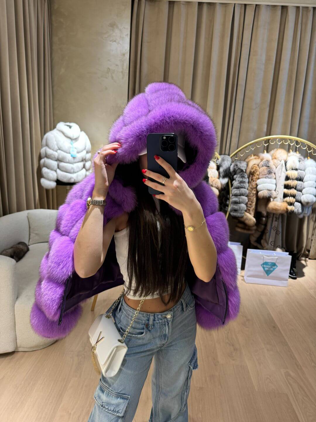 RANIA FOX FUR GENIUNE LEATHER JACKET IN PURPLE