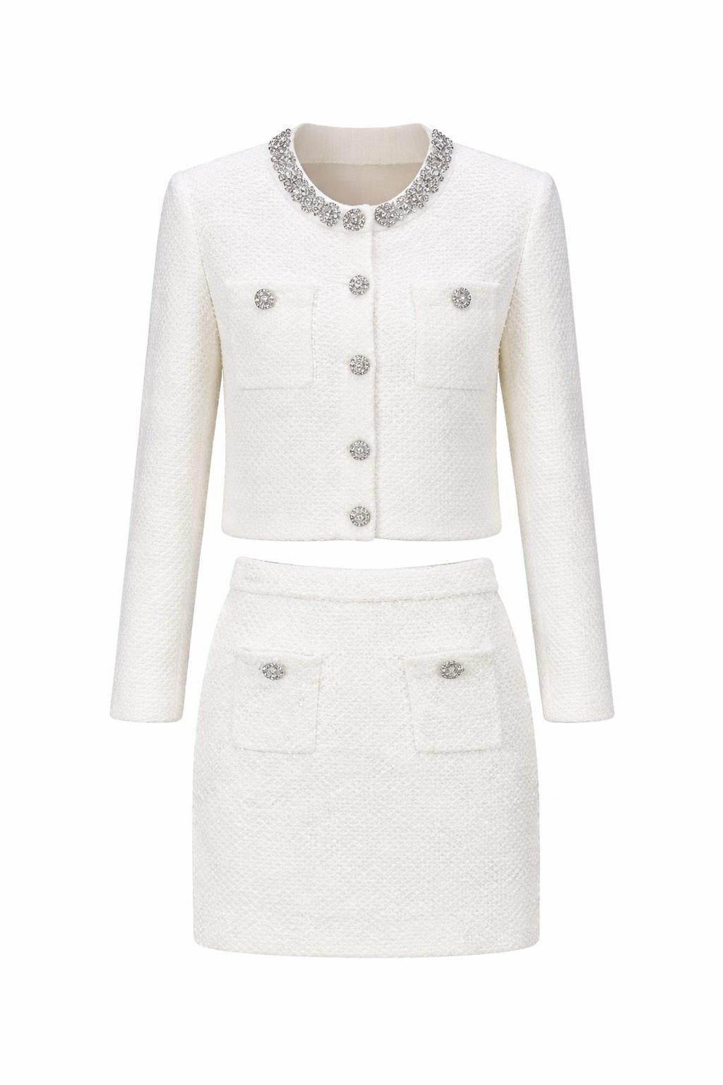 Luxury Rhinestone Beaded Knit Cardigan & Mini Pencil Skirt Set