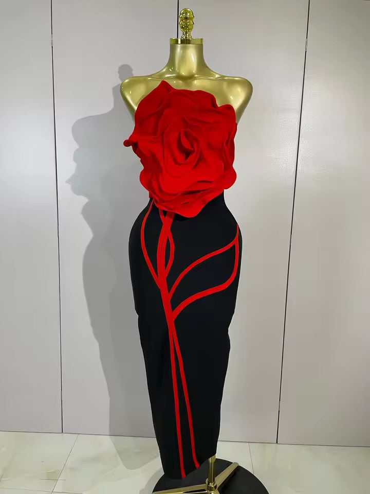 Crimson Bloom Strapless Midi Dress
