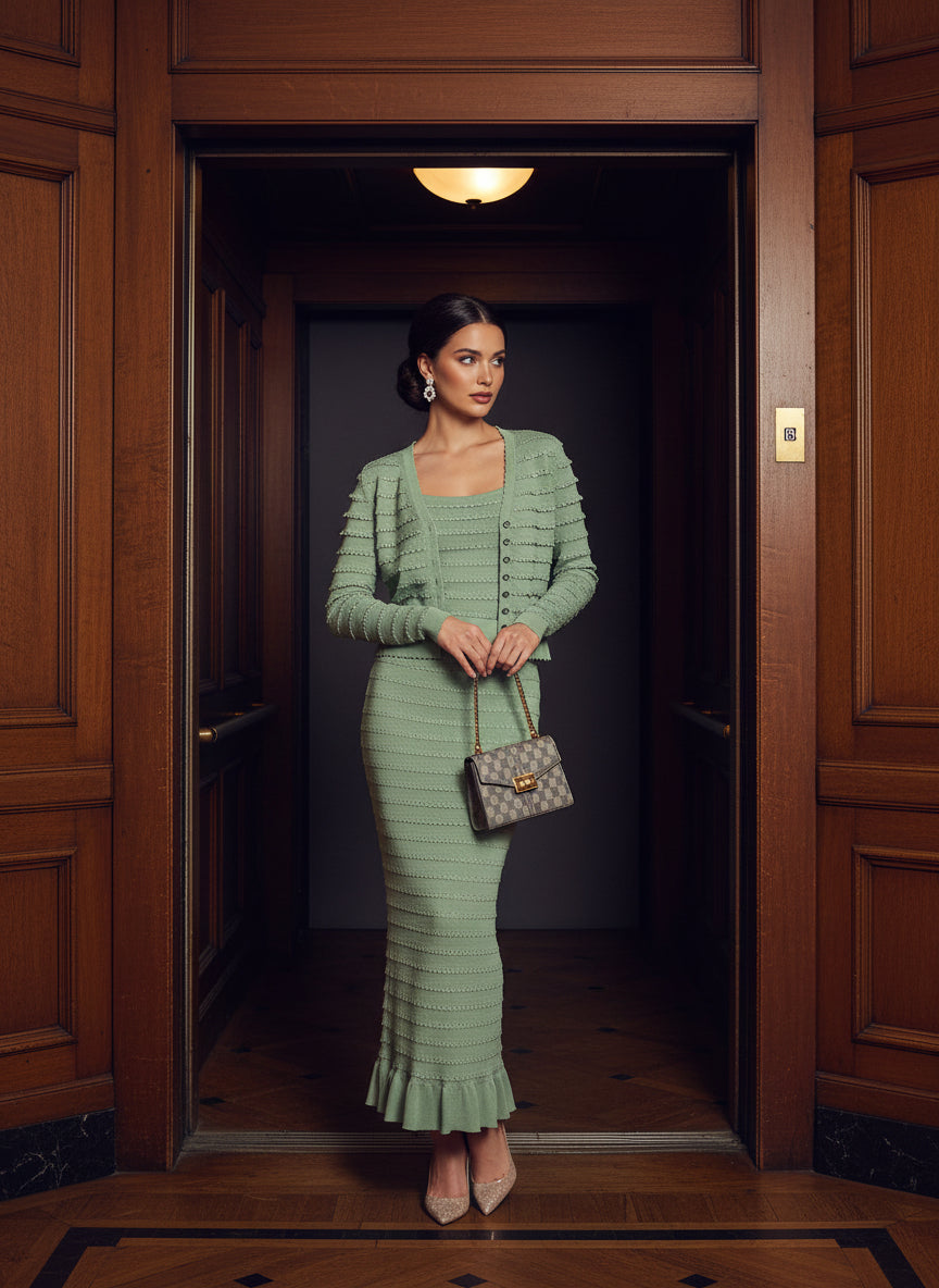 Knitted Lace Rhinestone Top Vest & Camisole with Ruffle Edge Slim Fit Half Skirt Set