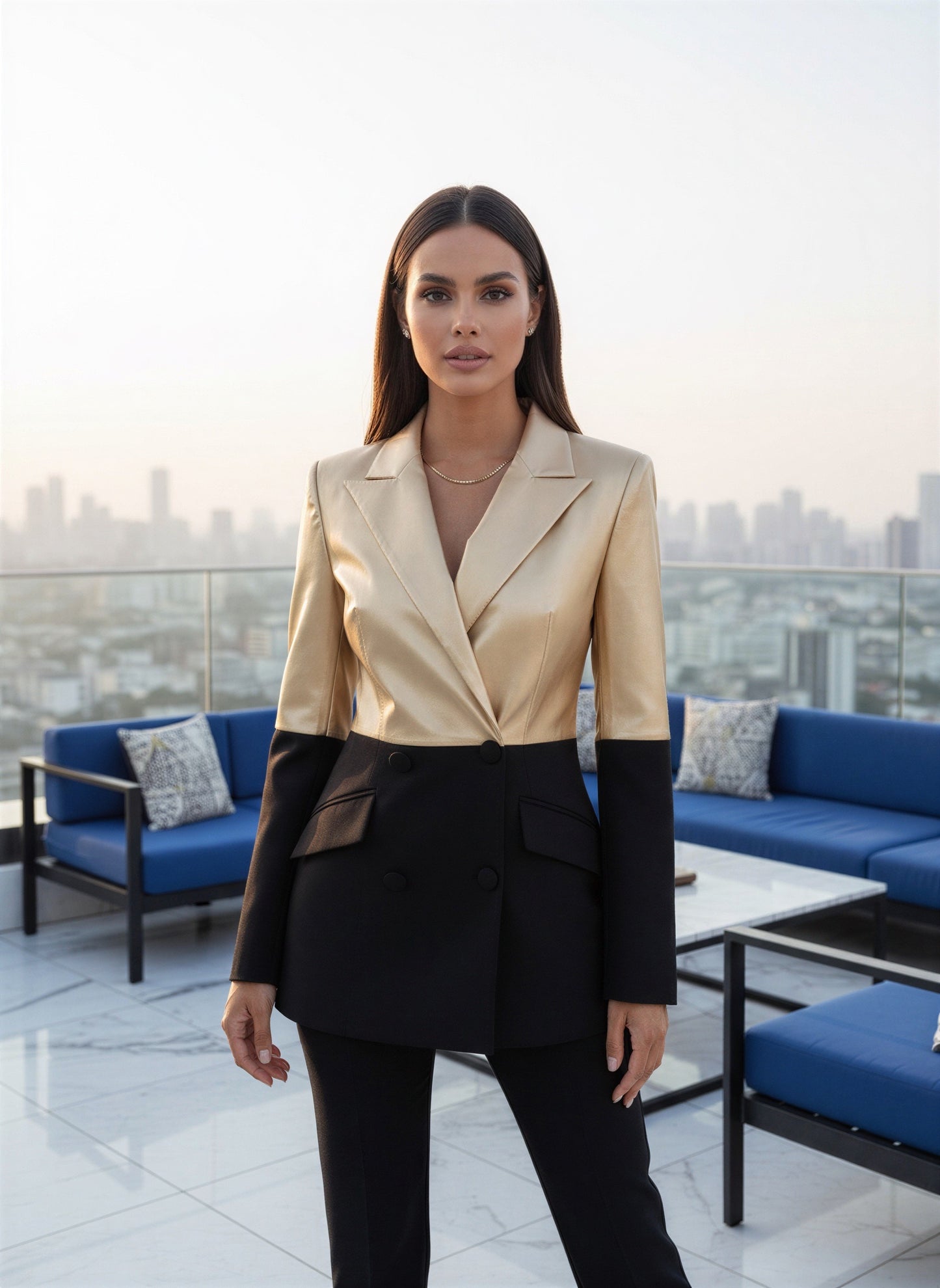 Gold & Black PU Patchwork Double-Breasted Slim Fit Blazer