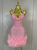 Pink Crystal Halter Bandage Mini Dress