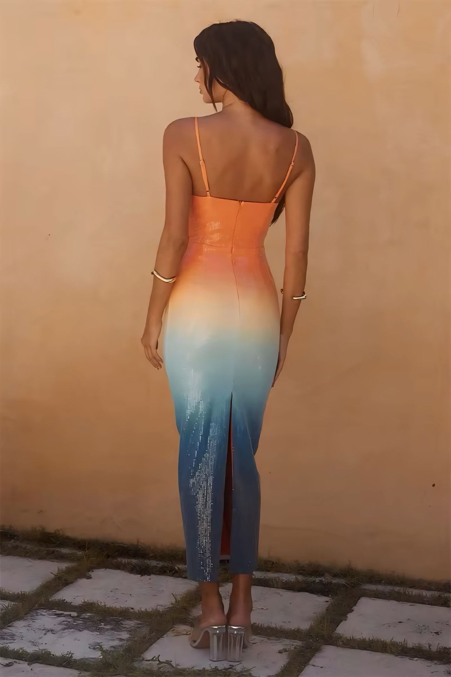 V Neck Rainbow Sequin Midi Dress