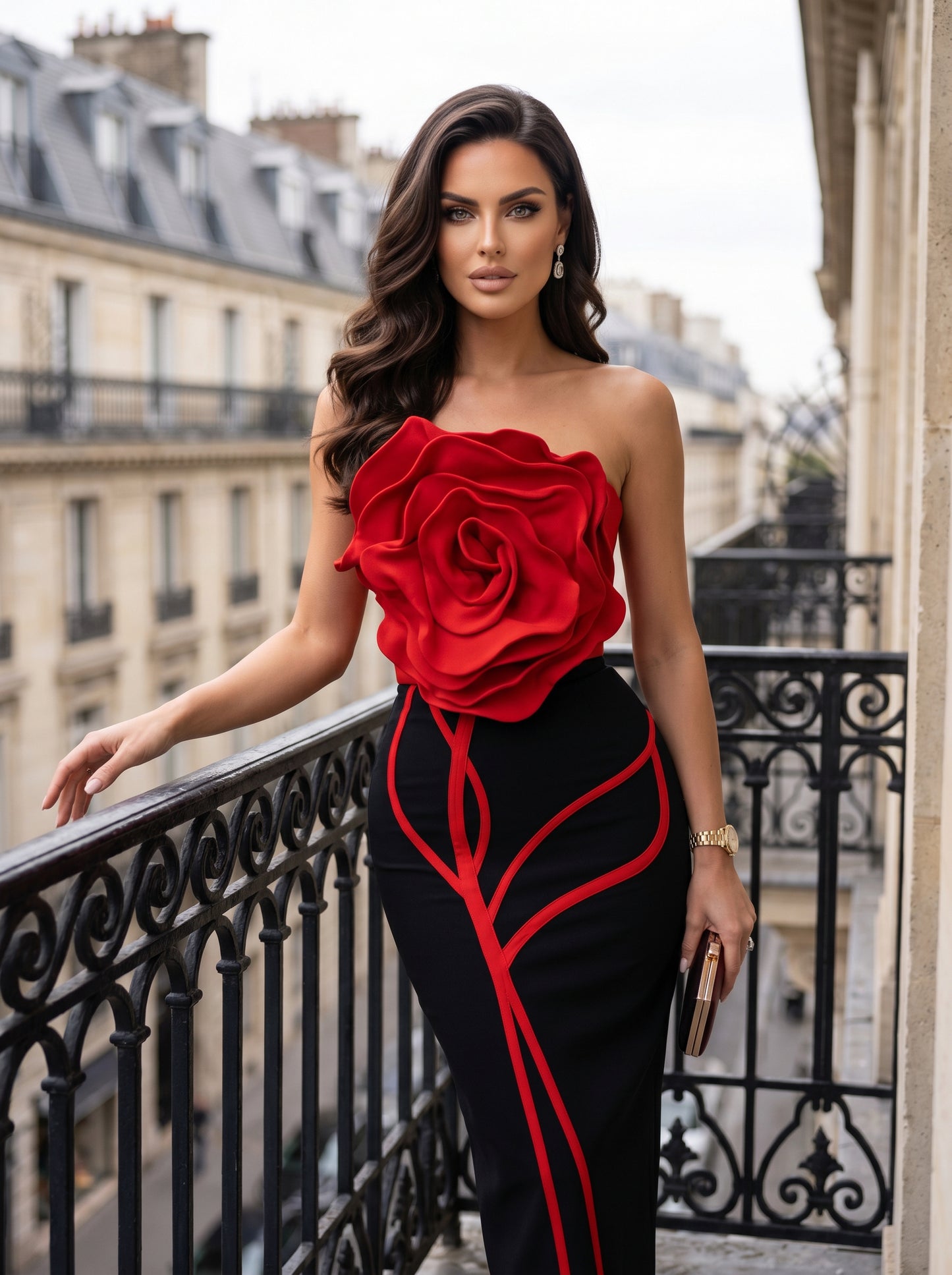 Crimson Bloom Strapless Midi Dress
