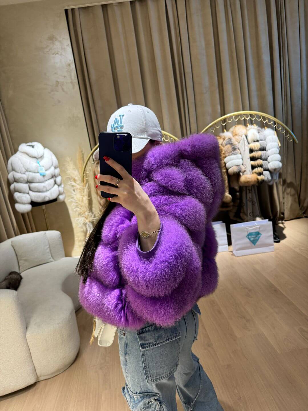 RANIA FOX FUR GENIUNE LEATHER JACKET IN PURPLE