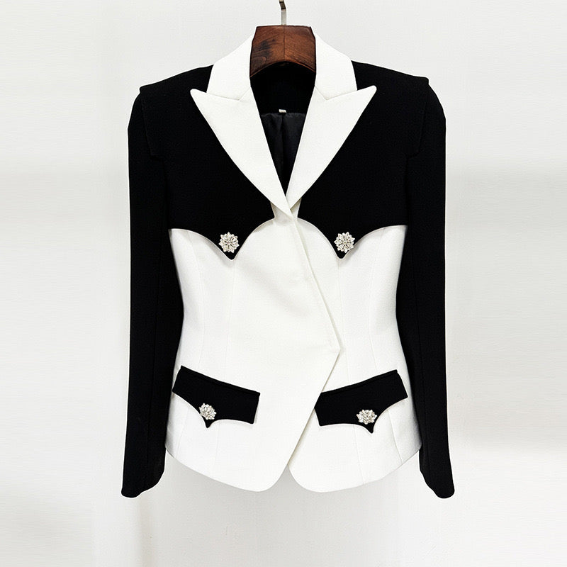 YARA DOUBLE BREASTED BLAZER IN B/W WITH RHINESTONE