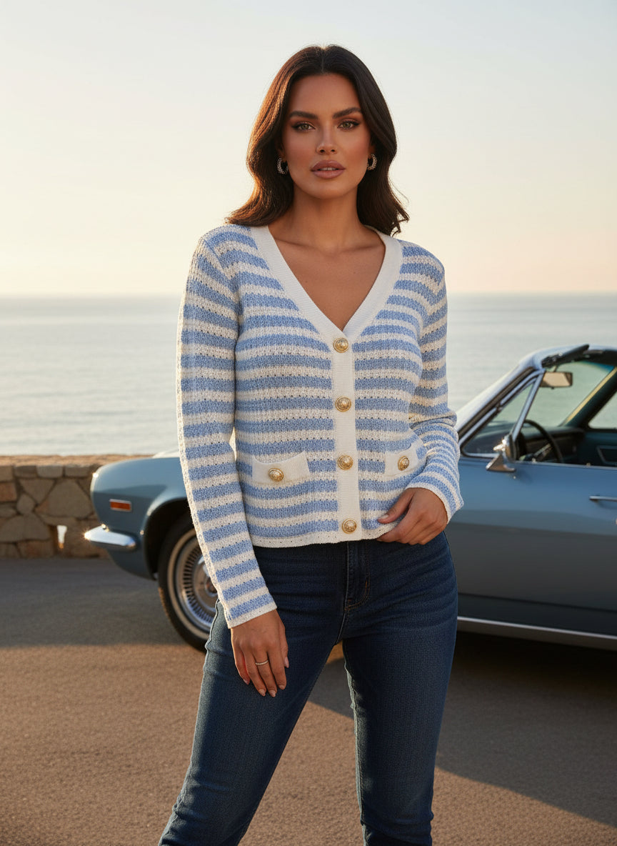 Colorblock Striped Single-Breasted Knit Cardigan